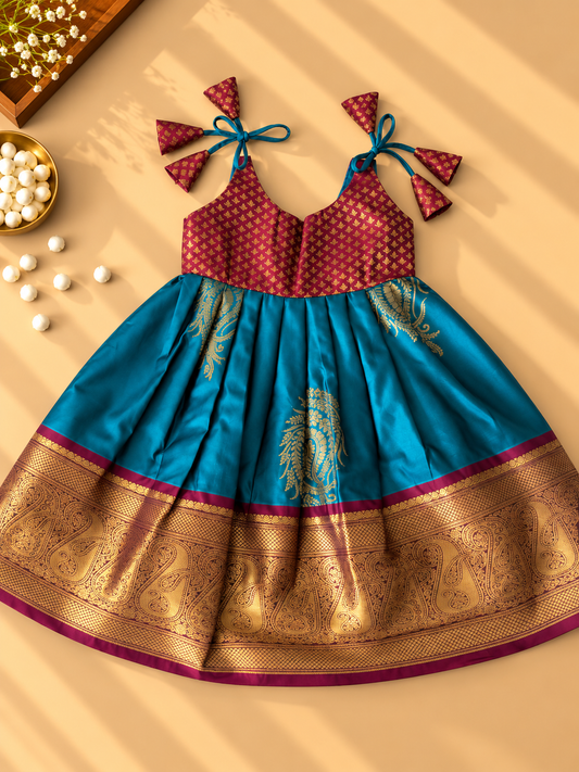 Teal Blue & Maroon Pure Kanchipuram Silk Infant Pinafore Gown