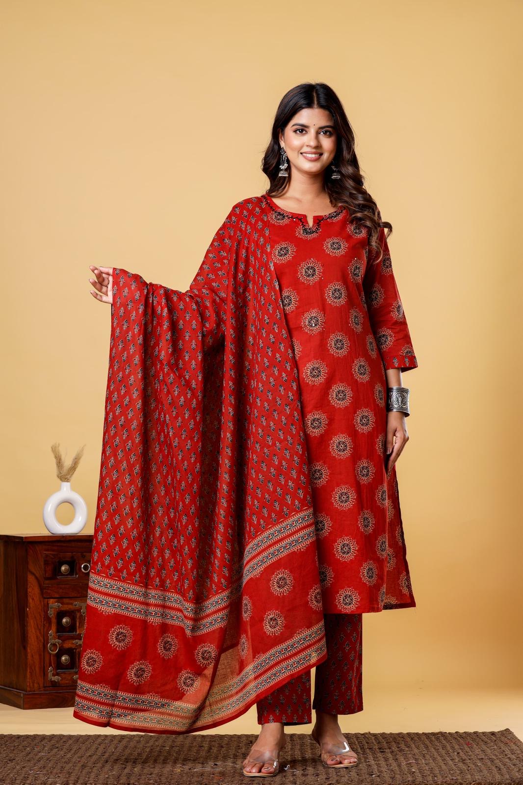 Red Block Printed Salwar Set