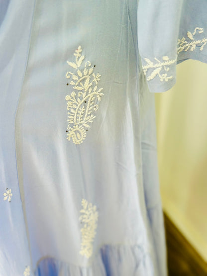 Chikankari Long Anarkali Kurta In Muslin - Sky Blue