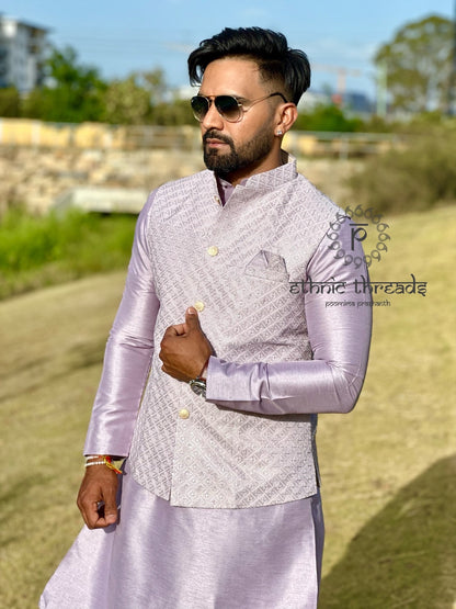 Raw Silk Mens Long Kurta with Embroidery Jacket