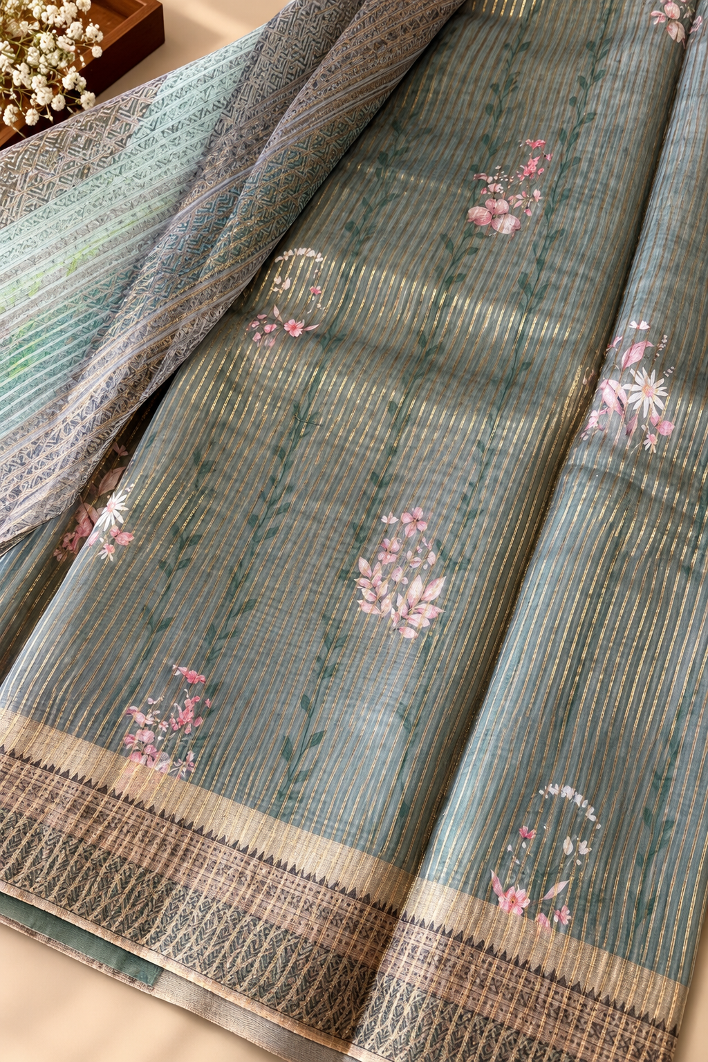 Floral Tissue Saree with Gold Border
