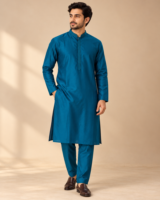 Teal Blue Taffeta Men’s Kurtha Set