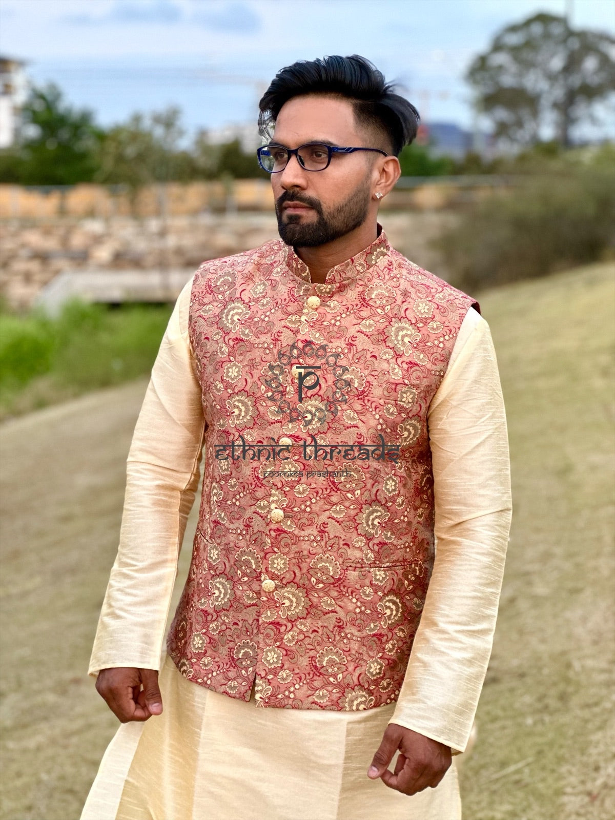 Raw Silk Mens Long Kurta with Brocade Jacket