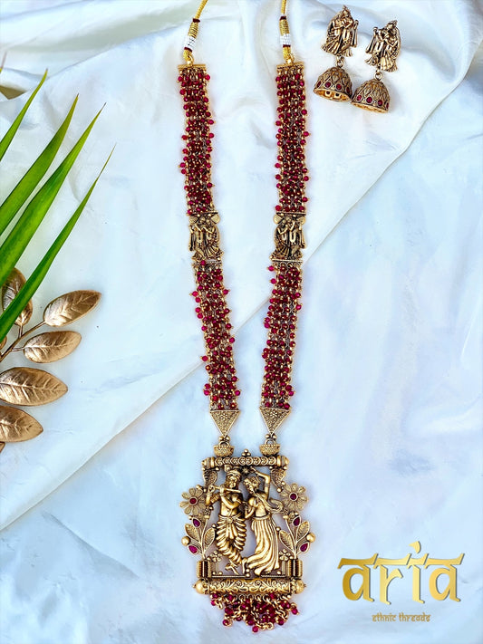 Lord Krishna & Radhay Antique Temple Long Necklace set - Ruby Red