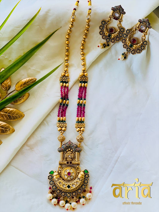 Temple Long Necklace Meenakari Kundan Set-Emerlad Stones