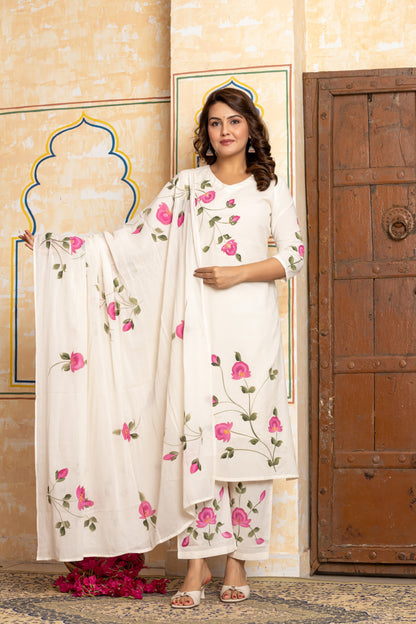 White Floral Handblock Cotton Salwar Set
