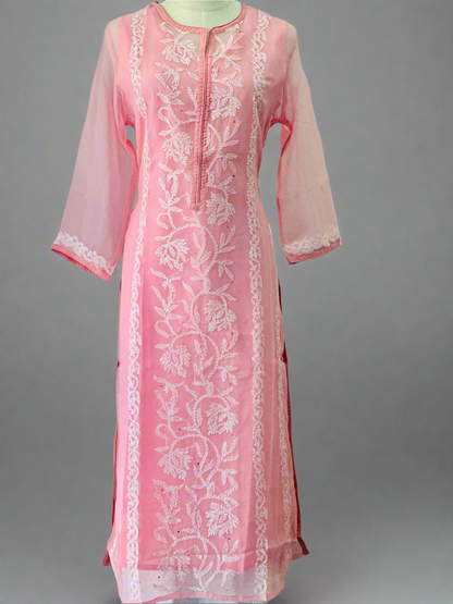 Chikankari Long Kurta In Georgette - Pink
