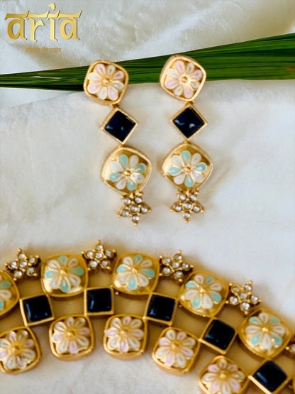 Antique Matt Gold Meenakari Necklace Set with Precious Stones- Blue Stones