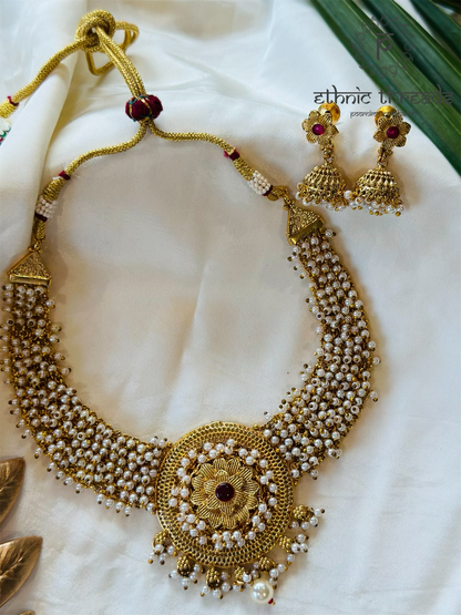 Antique Temple Necklace set - Pearls