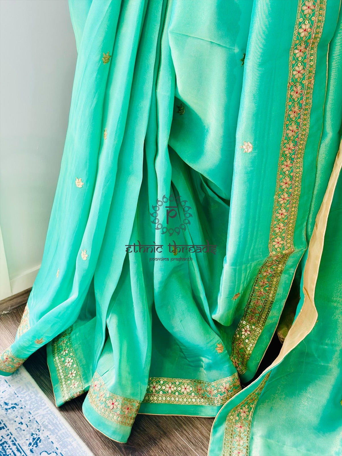 Mint Green Glossy Soft Tissue  Saree And Blouse