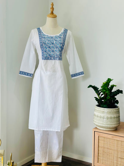 Chikankari Long Kurta In Cotton - White/ Blue