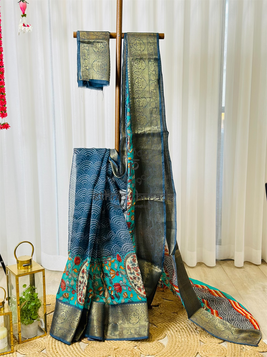 Silk Cotton Saree with Floral Prints & Zari Border