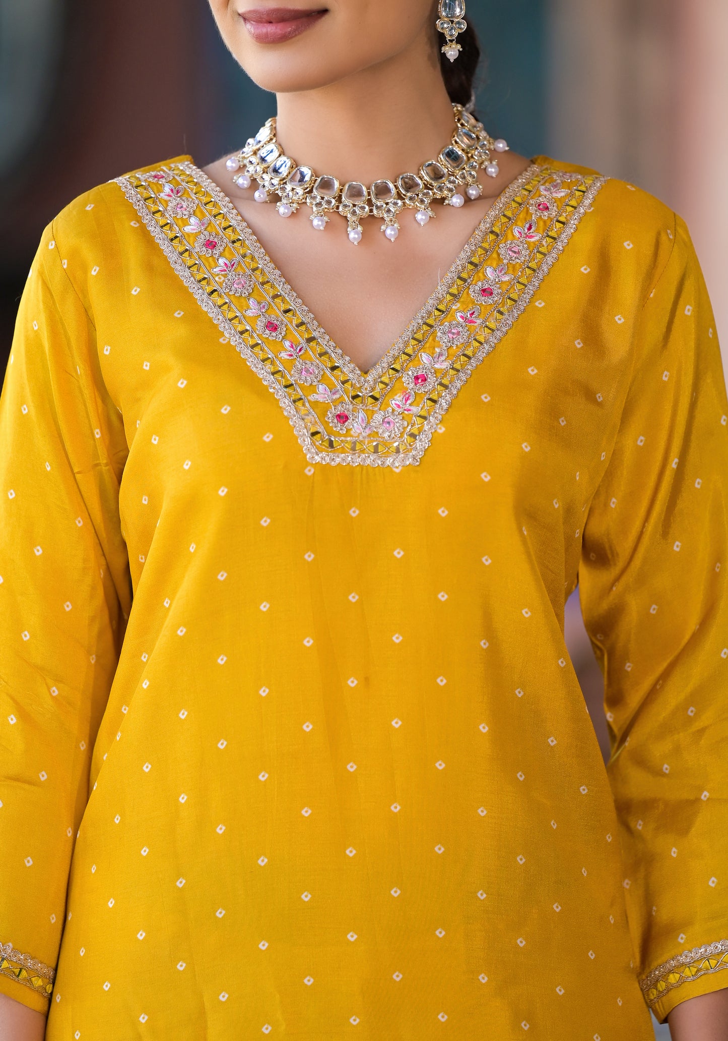 Mustard Silk Salwar Set with Zardosi , V-Neck, and Three-Quarter Sleeves