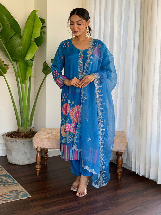 Blue Printed Silk Salwar Set with Zardosi , U-Neck, and Three-Quarter Sleeves