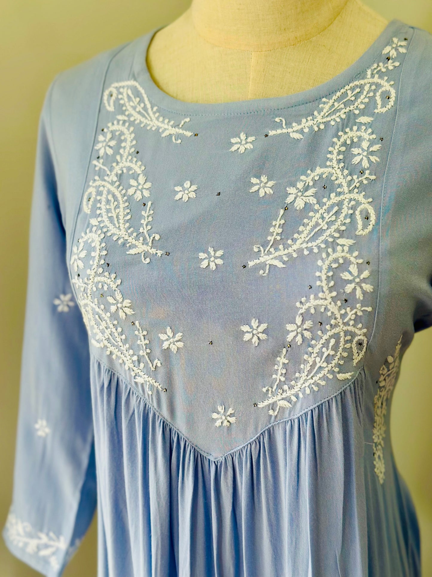 Chikankari Long Anarkali Kurta In Muslin - Sky Blue