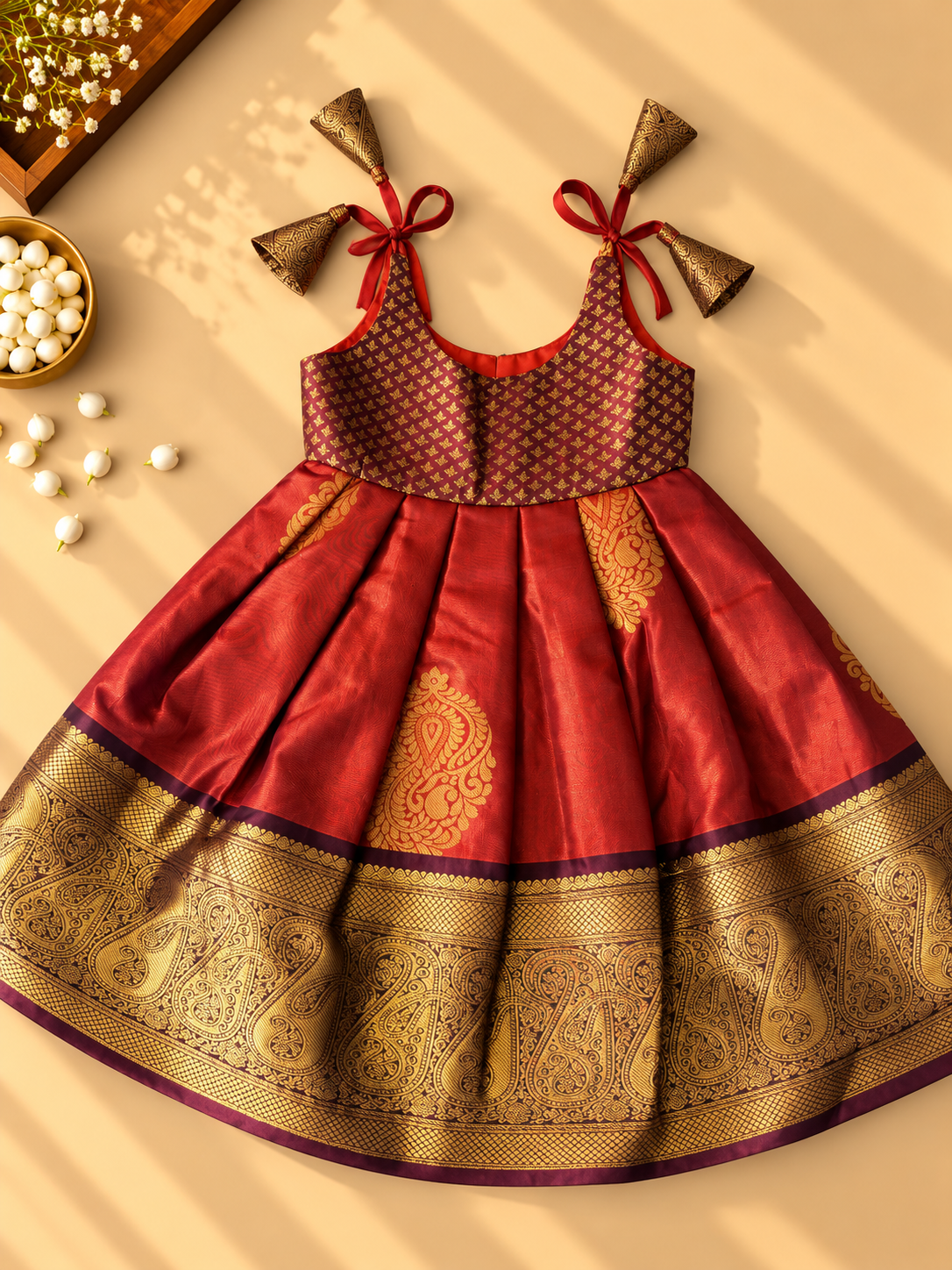 Rust Red & Maroon Pure Kanchipuram Silk Infant Pinafore Gown