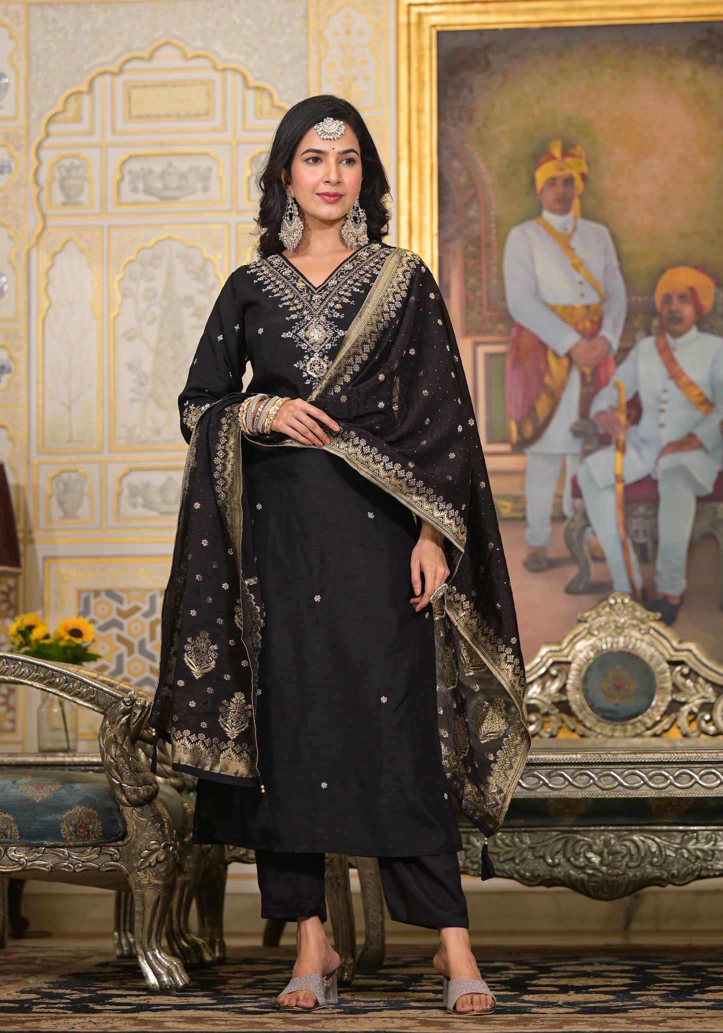 Black Silk Salwar Set with Zardosi , V-Neck, and Three-Quarter Sleeves