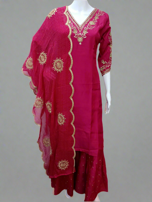 Magenta Gharara Set with Zardosi with Three-Quarter Sleeves
