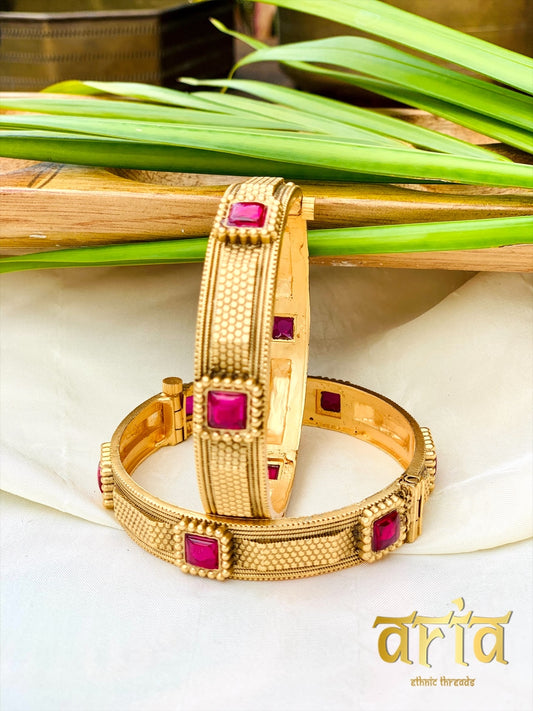 Golden Kada Bangles - Ruby Red