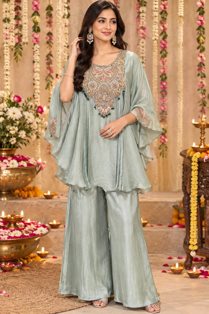Sage Green Embroidered Kaftan Palazzo Set