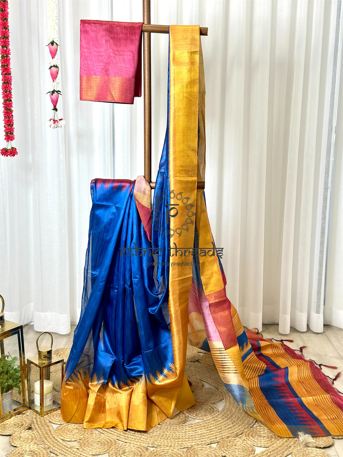 Raw Silk Saree With Temple Design Border