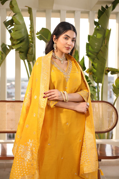 Mustard Silk Salwar Set with Zardosi , V-Neck, and Three-Quarter Sleeves