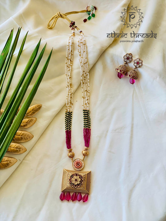 Temple Long Necklace Meenakari Set- Ruby Drops