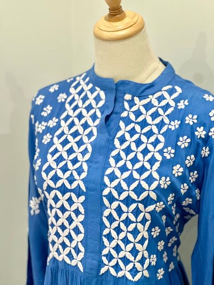 Lucknowi Chikankari  Cotton Women's Flared Short Kurta - Blue