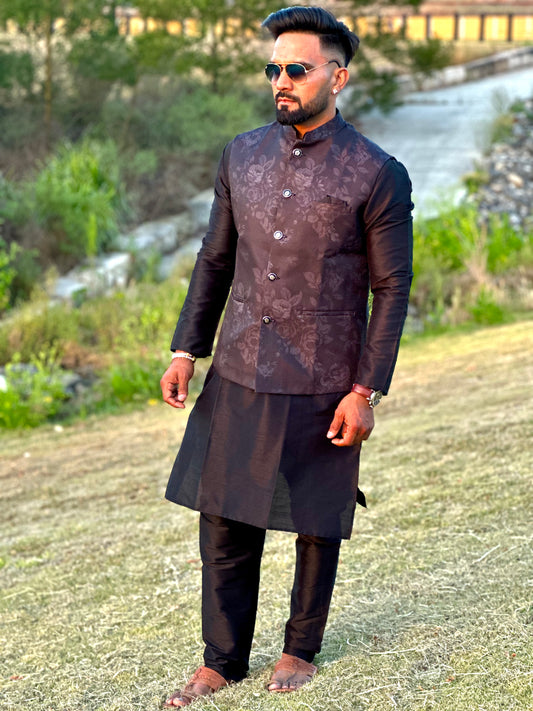 Raw Silk Mens Long Kurta with Jacket