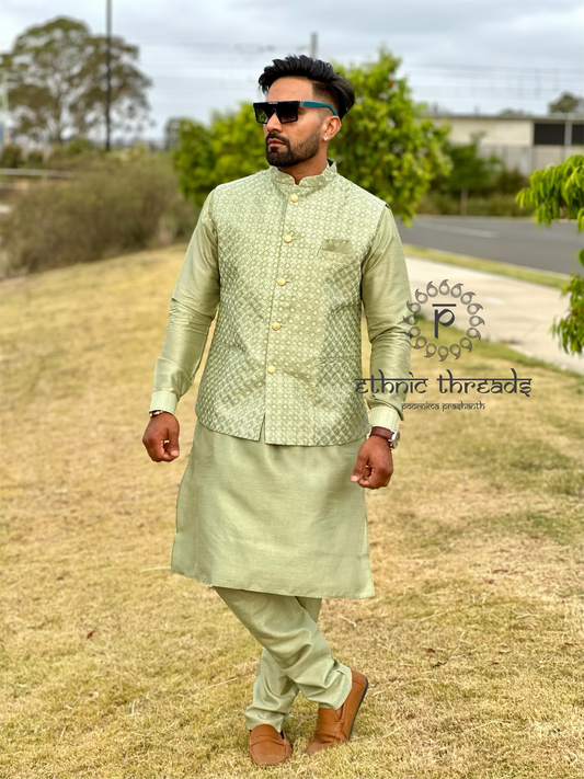 Raw Silk Mens Long Kurta with Embroidery Jacket