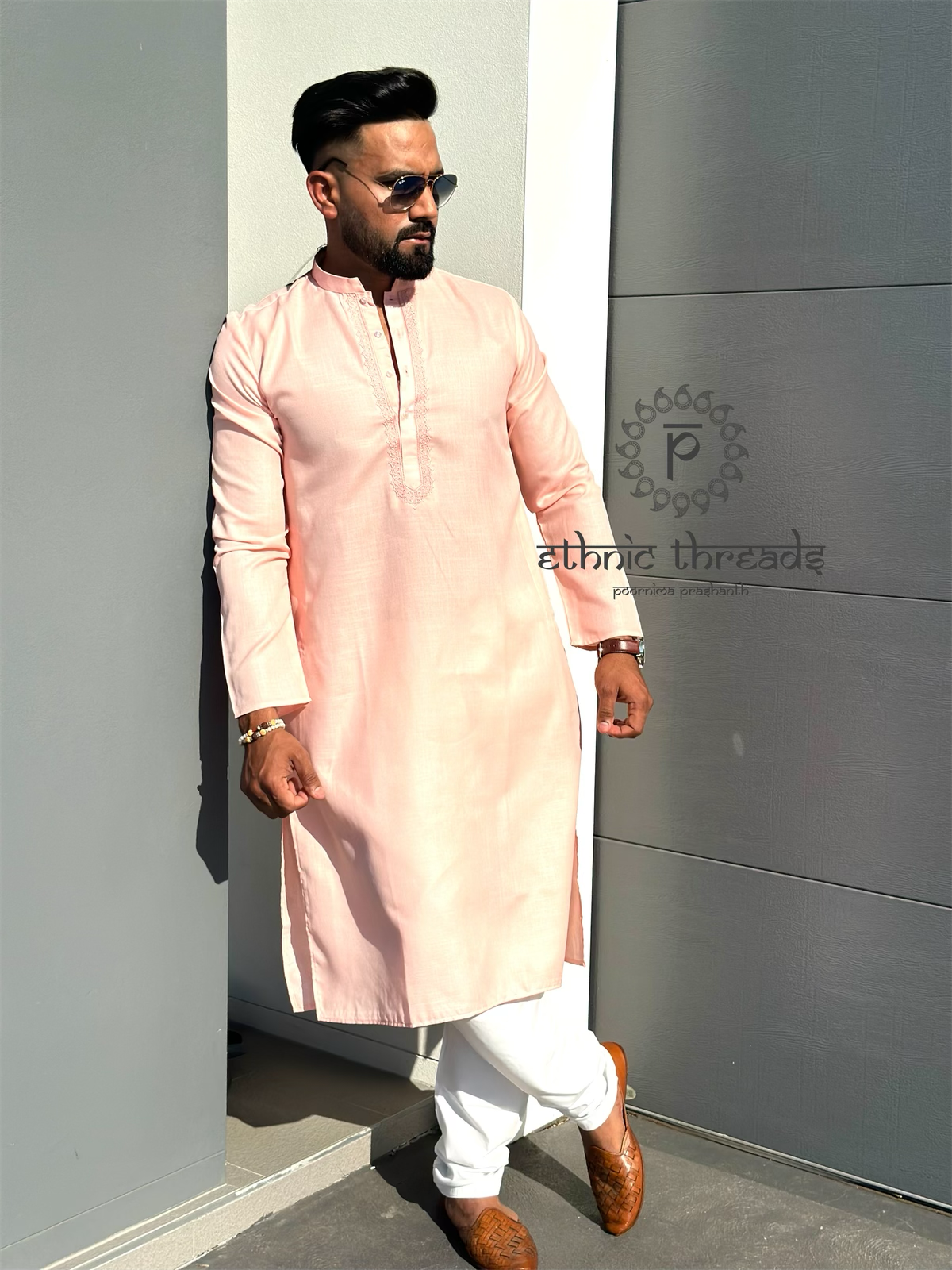 Cotton Mens Long Kurta- Peach