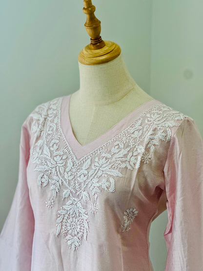 Chikankari Long Kurta In Silk - Pastel Pink
