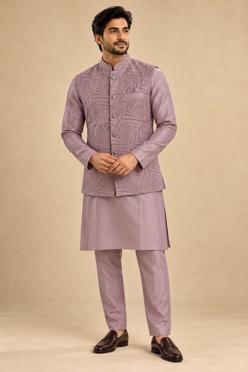 Mauve Kurta with Textured Jacket Set