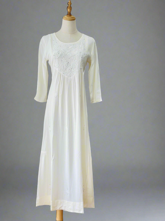 Chikankari Long Anarkali Kurta In Muslin - white