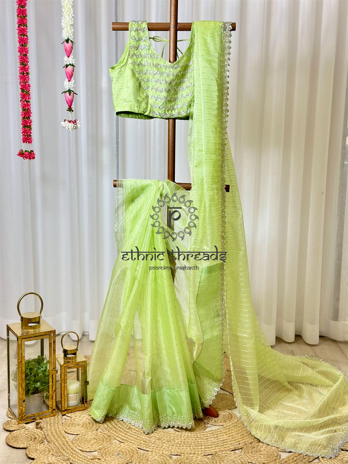 Pastel Green Zardozi Hand Embroidered Saree And Blouse