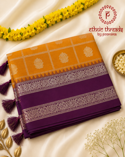 Semi Silk Saree with Zari Checks & Contrast Border