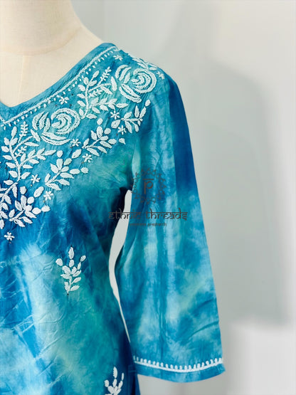 Chikankari Kurta In Tie-Dye Silk Cotton -Teal/Blue