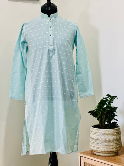 Printed Cotton Mens Long Kurta- Baby Blue