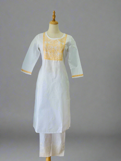 Chikankari Long Kurta In Cotton - White/ Yellow