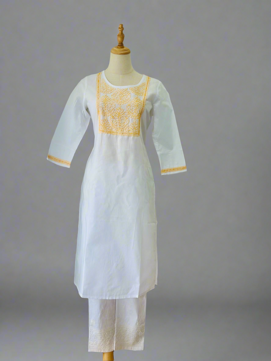Chikankari Long Kurta In Cotton - White/ Yellow