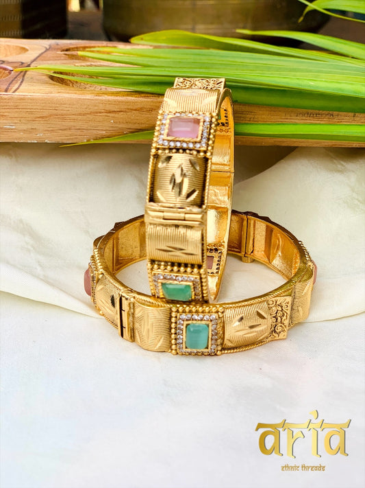 Golden Kada Bangles with AD Stones- Multi Stones