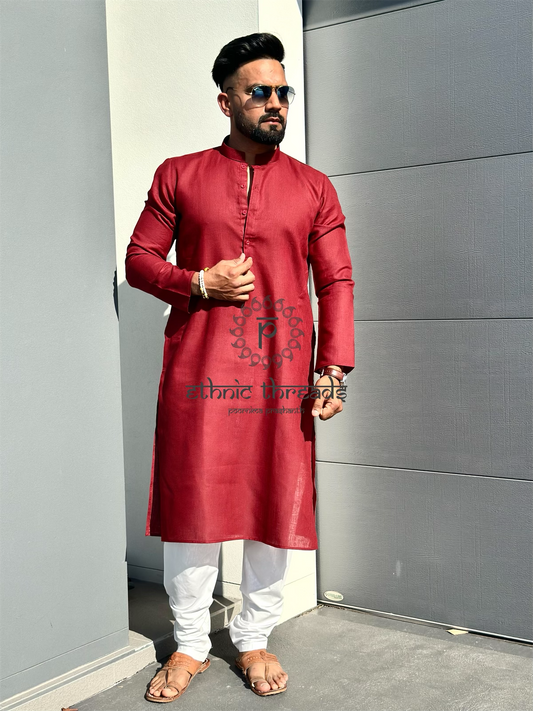 Cotton Mens Long Kurta- Dark Maroon