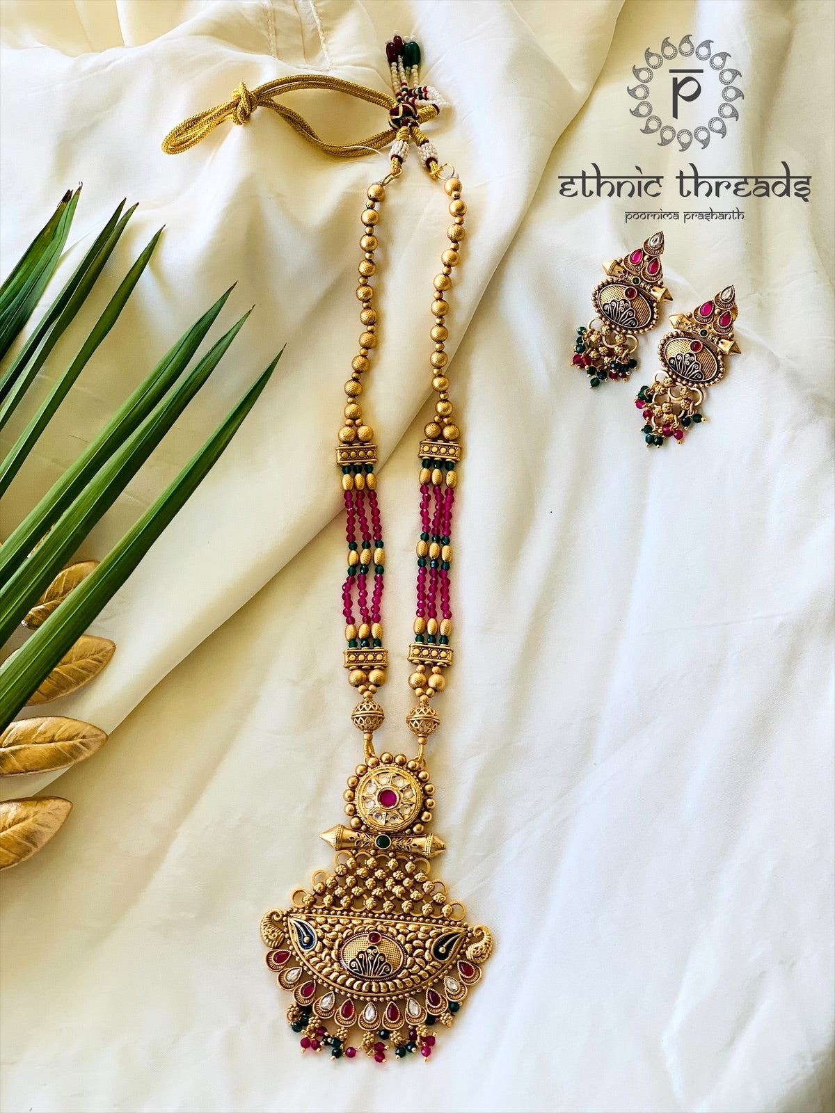 Temple Long Necklace Meenakari Kundan Set- Ruby & White Stones