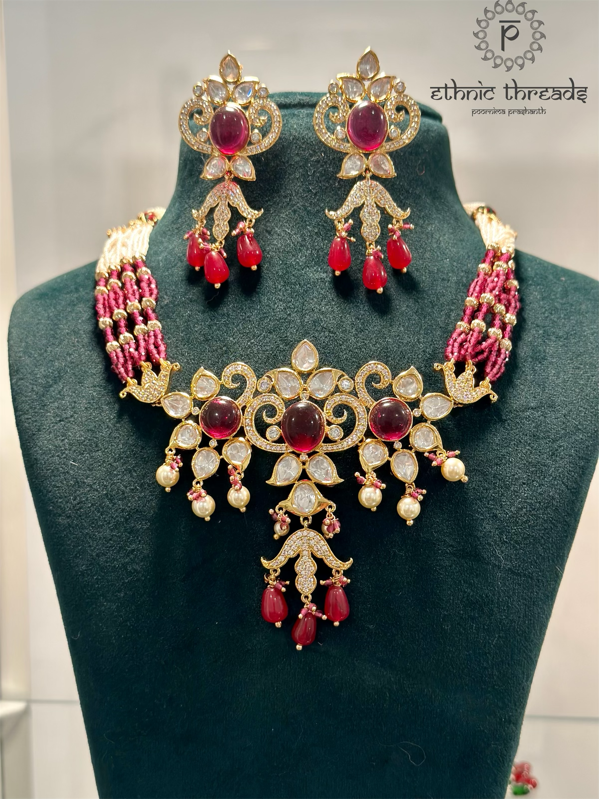 Uncut Polki Choker Set with Semi-precious Stones- Pink