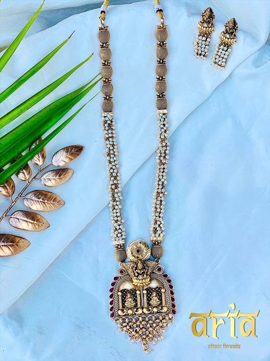 Lord Lakshmi Antique Temple Long Necklace set - Pearls