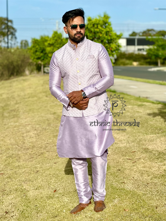 Raw Silk Mens Long Kurta with Embroidery Jacket