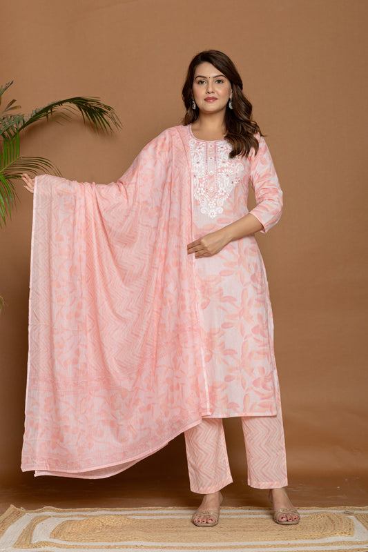 Baby Pink Cotton Printed Suit Set
