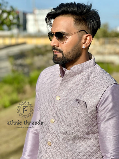 Raw Silk Mens Long Kurta with Embroidery Jacket