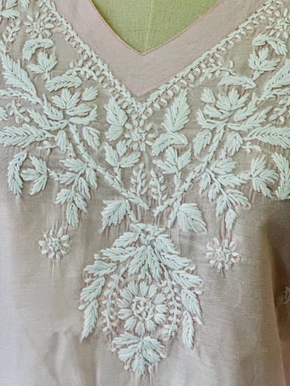 Chikankari Long Kurta In Silk - Pastel Pink