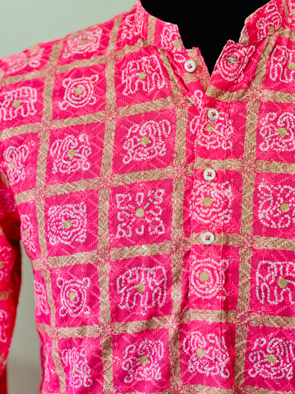 Printed Cotton Mens Long Kurta- Neon Pink